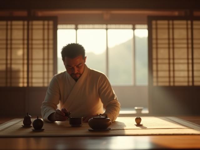 고요한 한옥에서 차를 마시는 모습